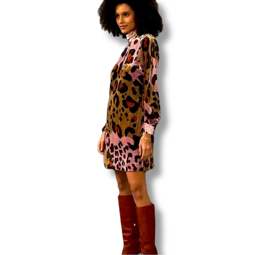 Anthropologie Eleanor Velvet Tunic Dress Sz 8 Leopard Puff Long Sleeve Boho